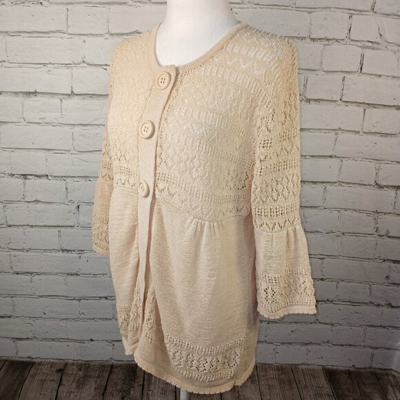 WOMENS CARDIGAN BY MADDI, 3/4 SLEEVE , BUTTON FRONT, BUTTERY CREAM COLOR - Picture 4 of 12